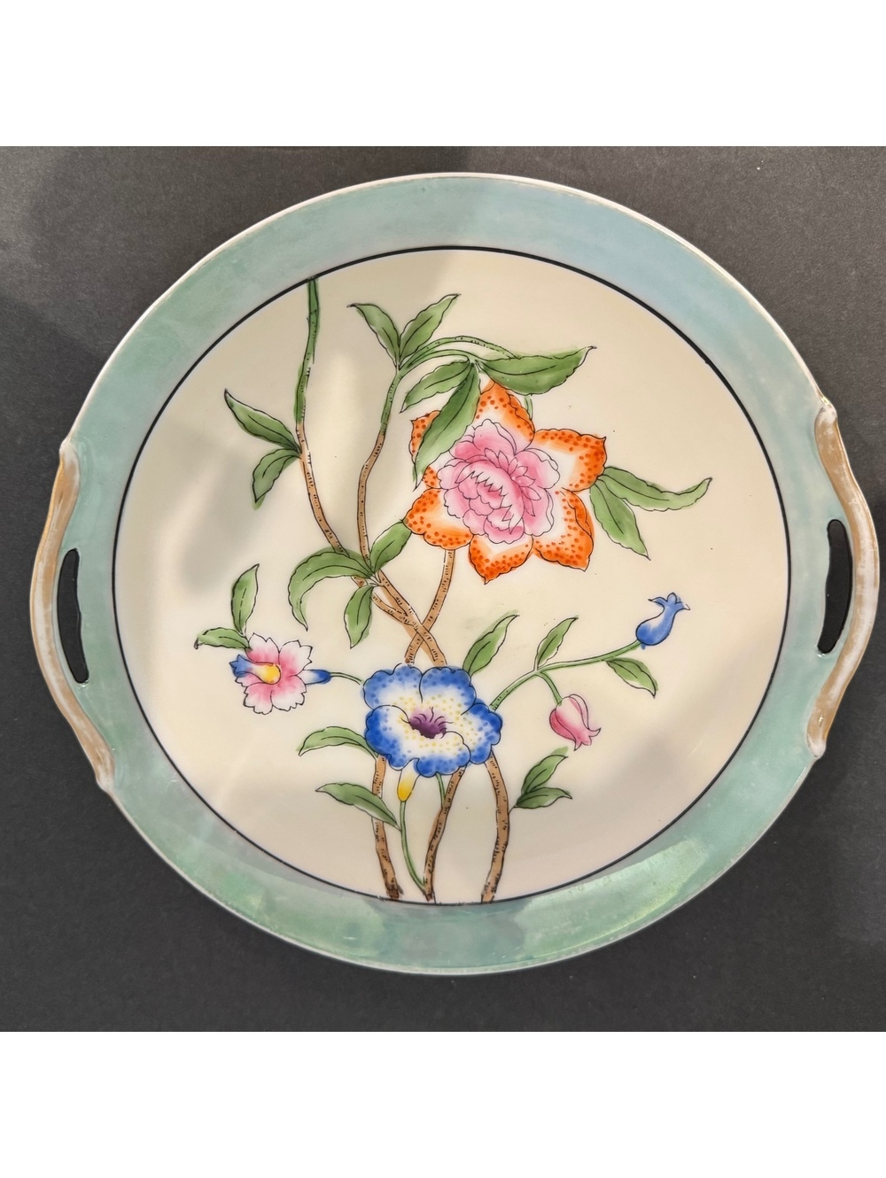 Vintage Noritake Made in Japan Hand Painted Floral Handled Cake Plate Aqua
